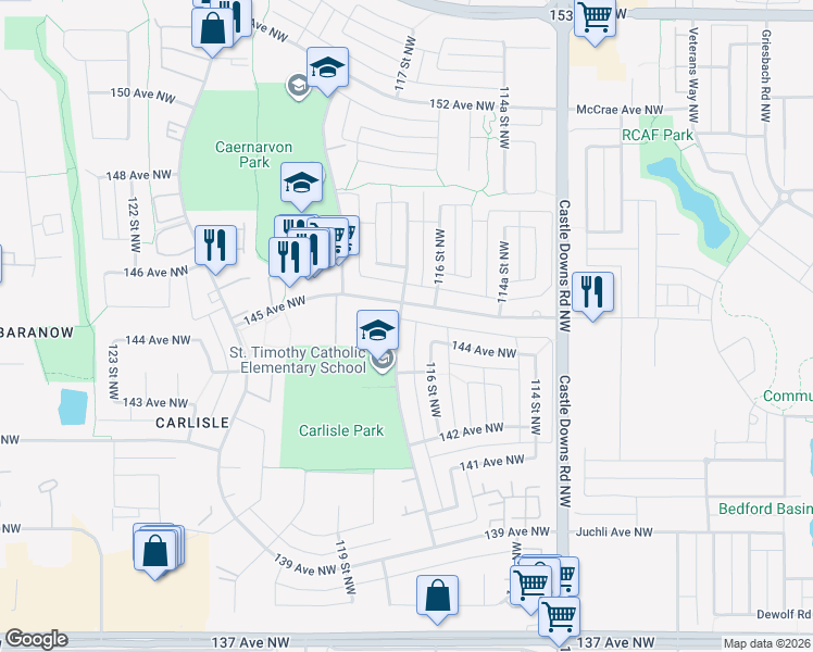map of restaurants, bars, coffee shops, grocery stores, and more near 14407 117 Street Northwest in Edmonton