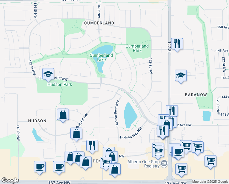 map of restaurants, bars, coffee shops, grocery stores, and more near Hudson Court Northwest in Edmonton