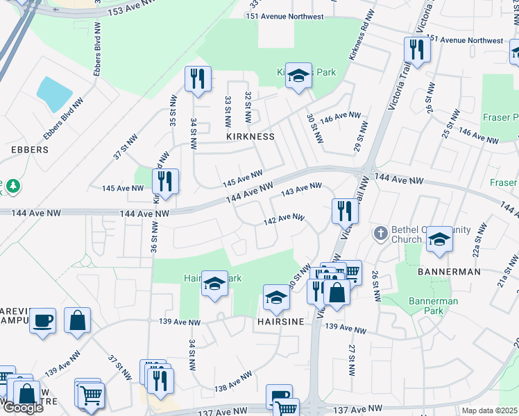 map of restaurants, bars, coffee shops, grocery stores, and more near 14207 32 Street Northwest in Edmonton