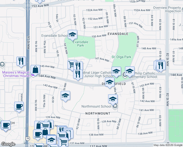 map of restaurants, bars, coffee shops, grocery stores, and more near 14505 92 Street Northwest in Edmonton
