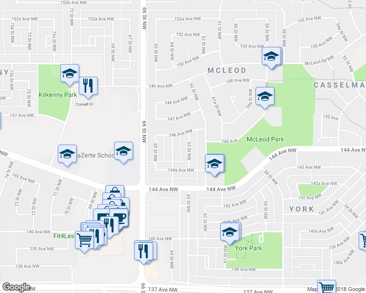 map of restaurants, bars, coffee shops, grocery stores, and more near 14504 63 Street Northwest in Edmonton