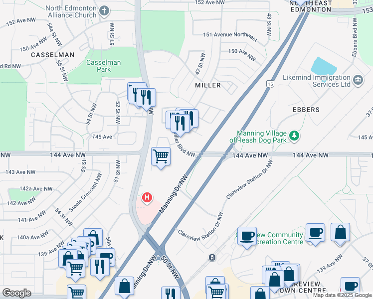 map of restaurants, bars, coffee shops, grocery stores, and more near in Edmonton