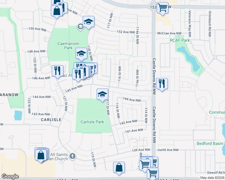 map of restaurants, bars, coffee shops, grocery stores, and more near 14407 117 Street Northwest in Edmonton