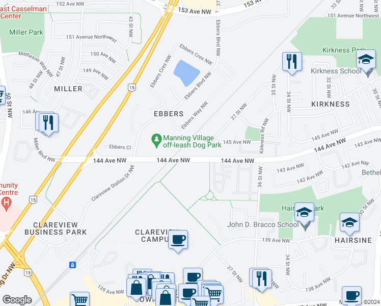 map of restaurants, bars, coffee shops, grocery stores, and more near 3604 144 Avenue Northwest in Edmonton