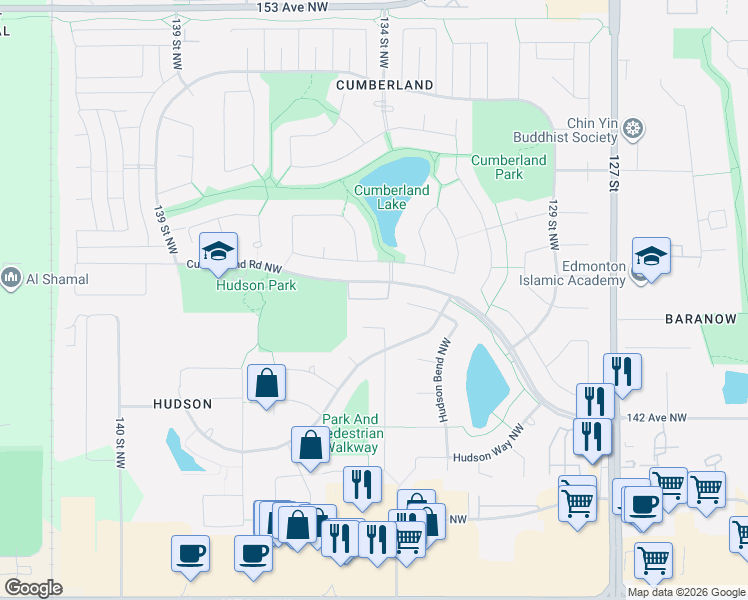map of restaurants, bars, coffee shops, grocery stores, and more near 13403 Cumberland Road Northwest in Edmonton