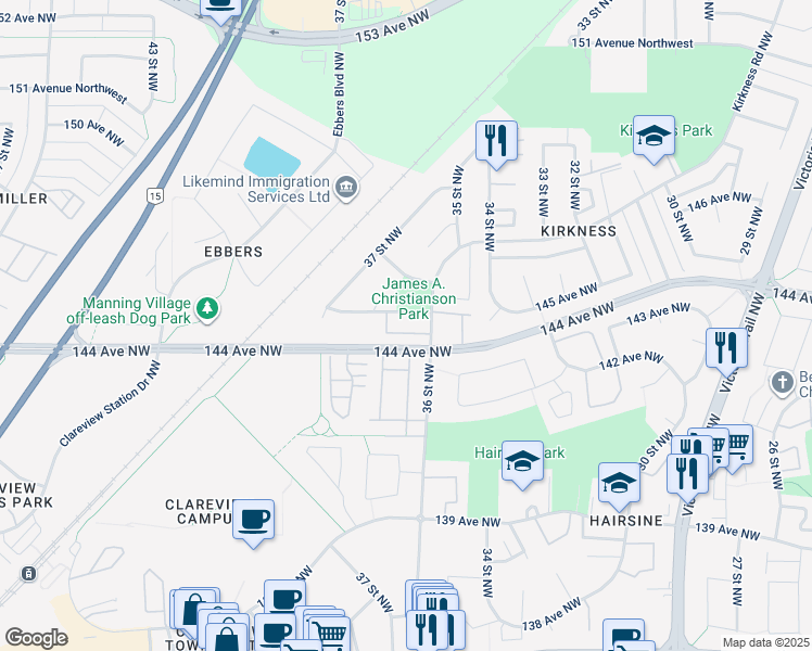 map of restaurants, bars, coffee shops, grocery stores, and more near 3611 145 Avenue Northwest in Edmonton