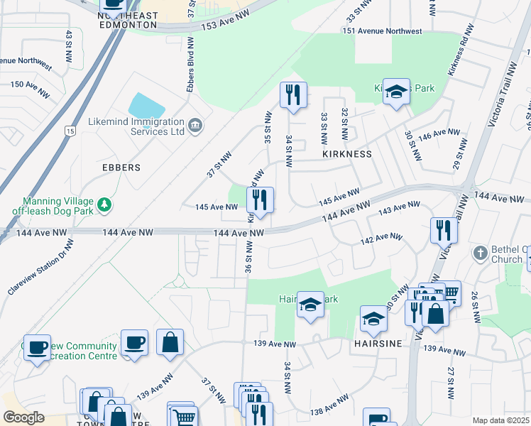 map of restaurants, bars, coffee shops, grocery stores, and more near in Edmonton