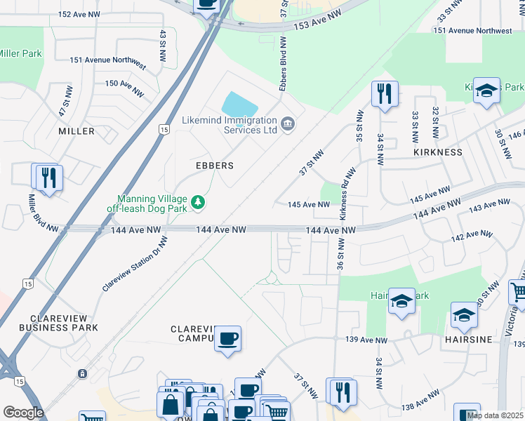 map of restaurants, bars, coffee shops, grocery stores, and more near 3604 144 Avenue Northwest in Edmonton