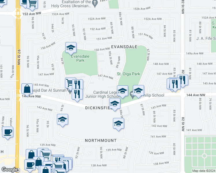 map of restaurants, bars, coffee shops, grocery stores, and more near 14420 88A Street Northwest in Edmonton