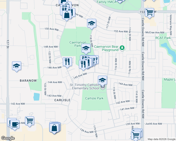 map of restaurants, bars, coffee shops, grocery stores, and more near 11818 145 Avenue Northwest in Edmonton