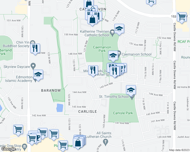 map of restaurants, bars, coffee shops, grocery stores, and more near 14591 121 Street Northwest in Edmonton