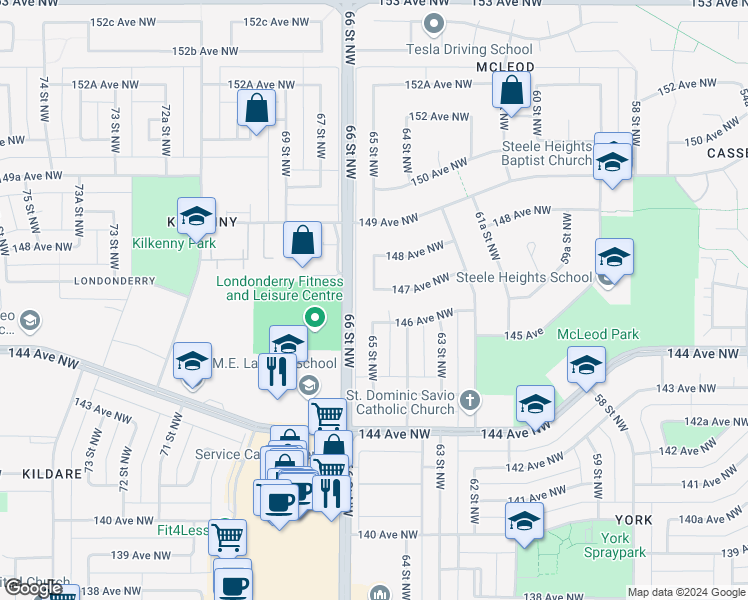 map of restaurants, bars, coffee shops, grocery stores, and more near 14708 65 Street Northwest in Edmonton