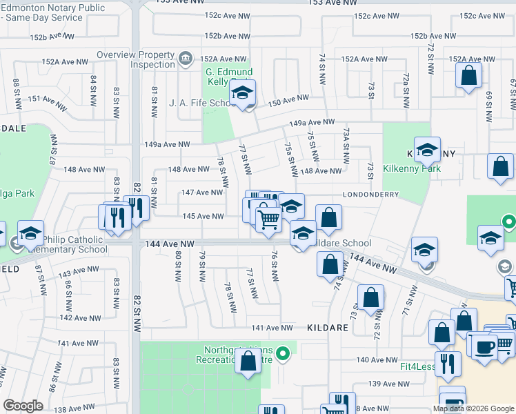 map of restaurants, bars, coffee shops, grocery stores, and more near 14503 77 Street Northwest in Edmonton