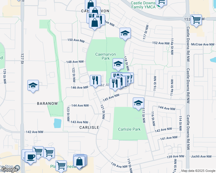 map of restaurants, bars, coffee shops, grocery stores, and more near 11934 145 Avenue Northwest in Edmonton