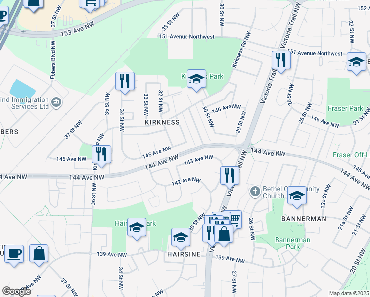 map of restaurants, bars, coffee shops, grocery stores, and more near 3139 145 Avenue Northwest in Edmonton