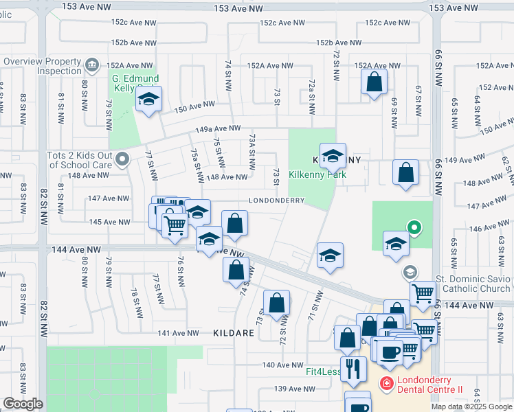 map of restaurants, bars, coffee shops, grocery stores, and more near 7319 147 Avenue Northwest in Edmonton