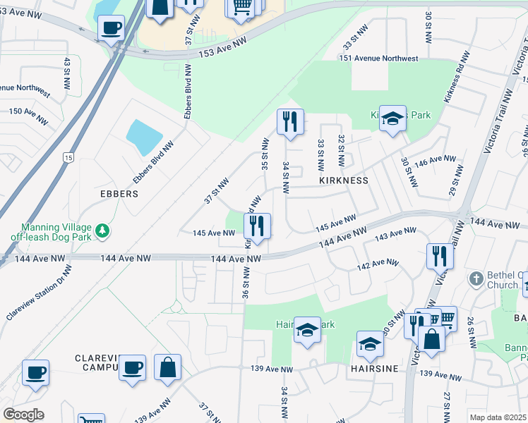 map of restaurants, bars, coffee shops, grocery stores, and more near 401 Kirkness Road Northwest in Edmonton