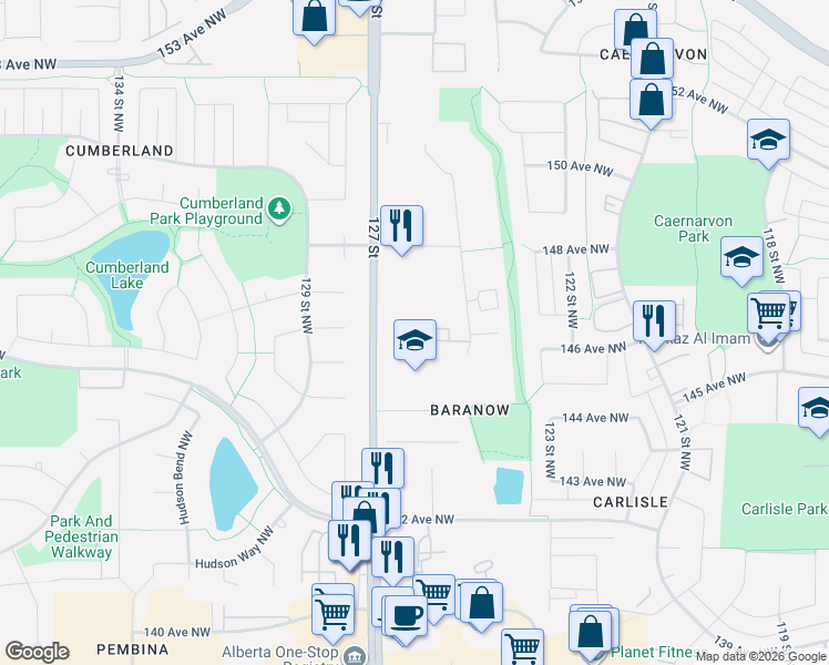 map of restaurants, bars, coffee shops, grocery stores, and more near in Edmonton