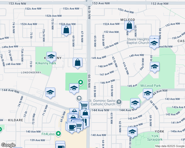map of restaurants, bars, coffee shops, grocery stores, and more near 14708 65 Street Northwest in Edmonton