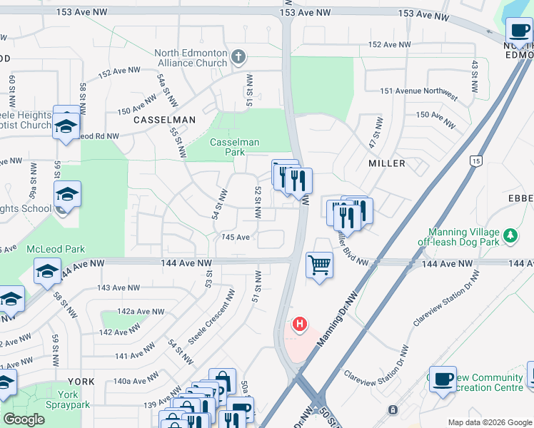 map of restaurants, bars, coffee shops, grocery stores, and more near 5109 146 Avenue Northwest in Edmonton