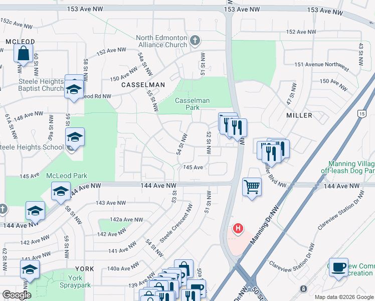 map of restaurants, bars, coffee shops, grocery stores, and more near 14535 54 Street Northwest in Edmonton
