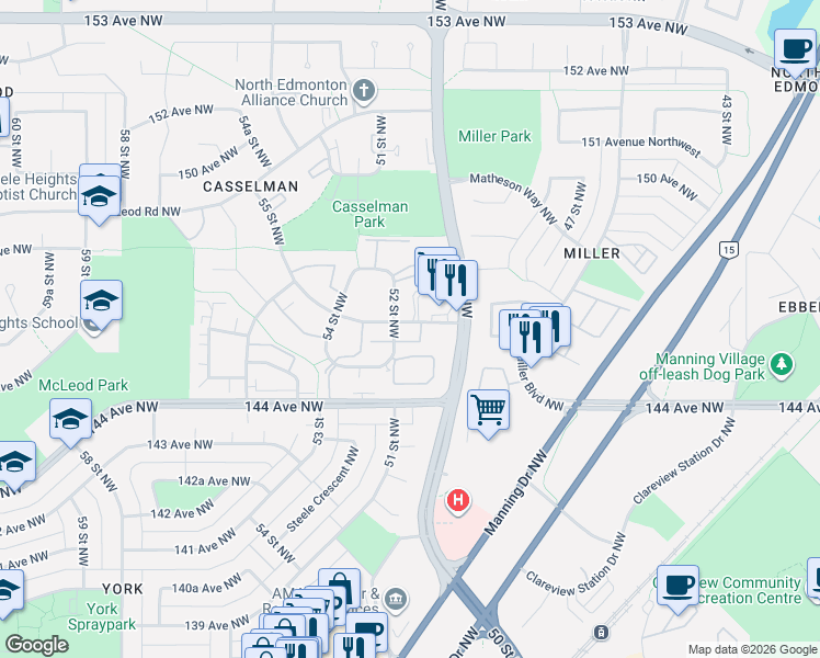 map of restaurants, bars, coffee shops, grocery stores, and more near 5109 146 Avenue Northwest in Edmonton