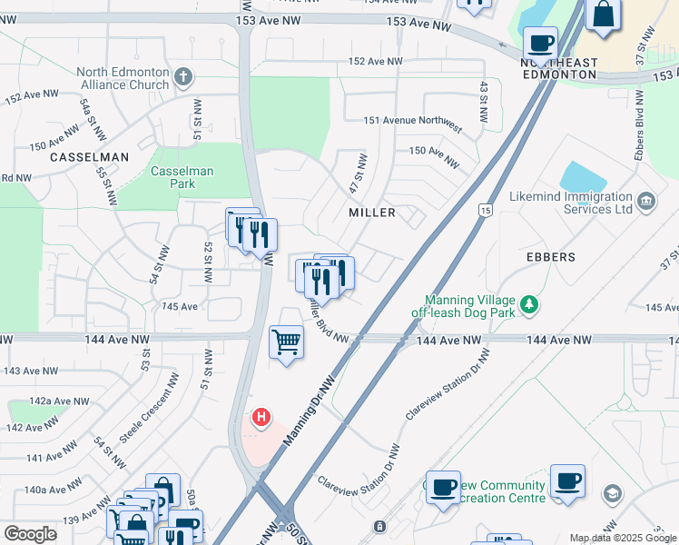 map of restaurants, bars, coffee shops, grocery stores, and more near 14603 Miller Boulevard Northwest in Edmonton