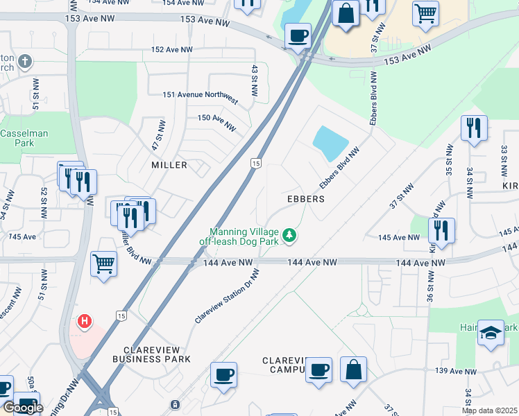 map of restaurants, bars, coffee shops, grocery stores, and more near 148 Ebbers Boulevard Northwest in Edmonton