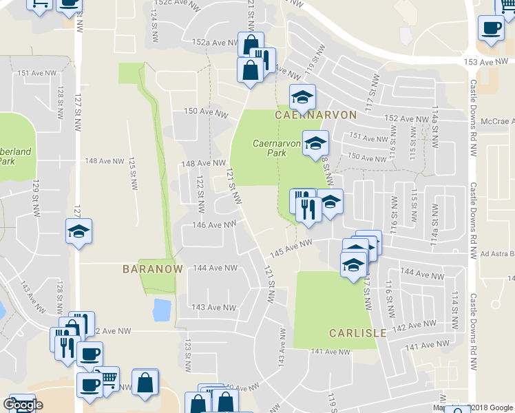 map of restaurants, bars, coffee shops, grocery stores, and more near 14603-14633 121 Street Northwest in Edmonton