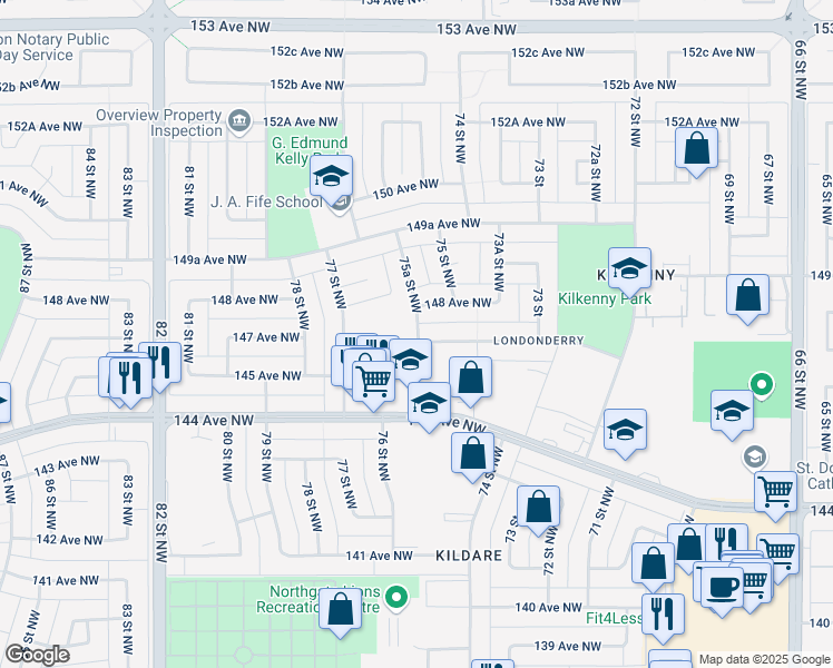 map of restaurants, bars, coffee shops, grocery stores, and more near 14704 75A Street Northwest in Edmonton