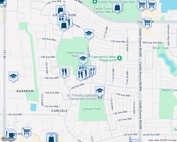 map of restaurants, bars, coffee shops, grocery stores, and more near 11818 145 Avenue Northwest in Edmonton