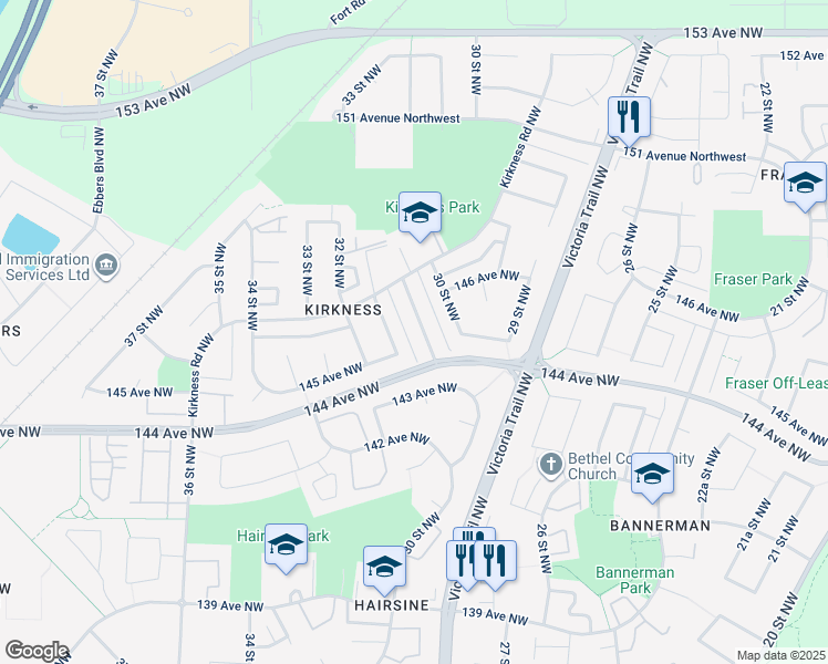 map of restaurants, bars, coffee shops, grocery stores, and more near 3139 145 Avenue Northwest in Edmonton