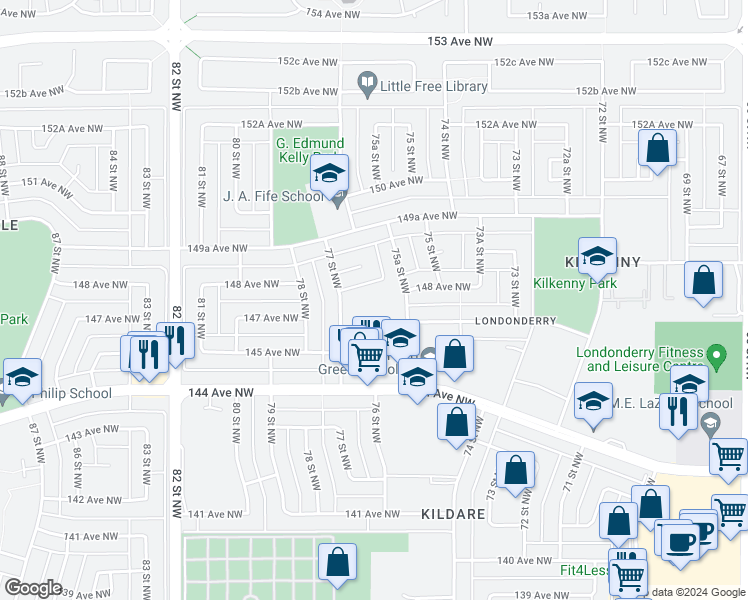 map of restaurants, bars, coffee shops, grocery stores, and more near 14704 75A Street Northwest in Edmonton