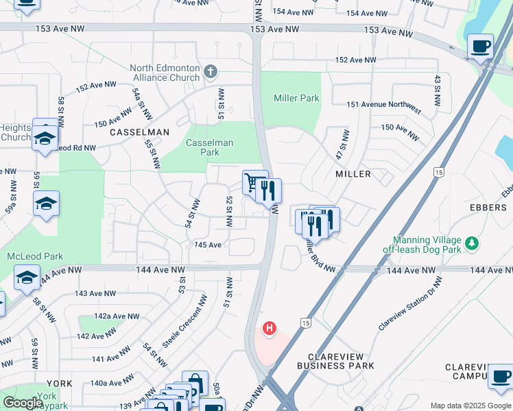 map of restaurants, bars, coffee shops, grocery stores, and more near 14626 50 Street Northwest in Edmonton