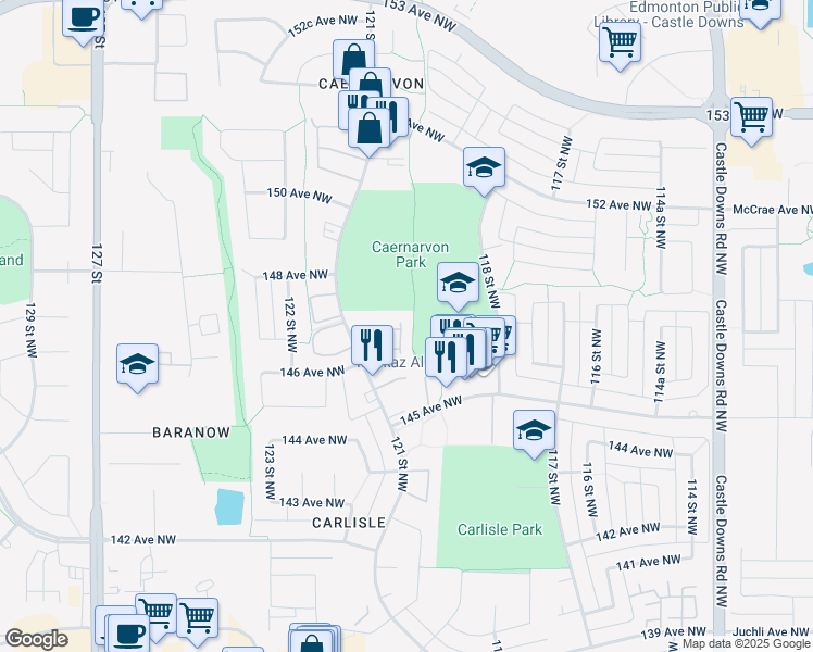 map of restaurants, bars, coffee shops, grocery stores, and more near 14621 121 Street Northwest in Edmonton