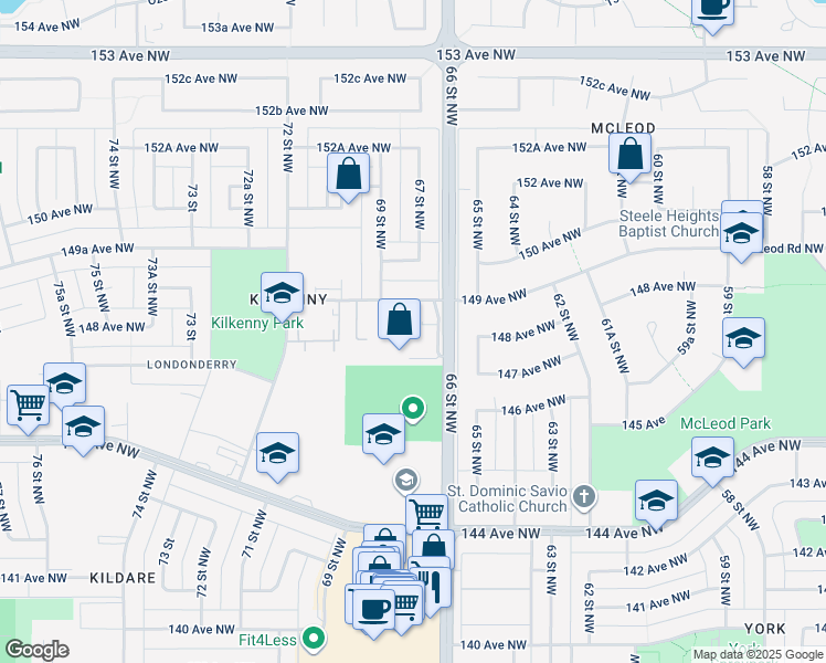 map of restaurants, bars, coffee shops, grocery stores, and more near 142 Londonderry Square Northwest in Edmonton