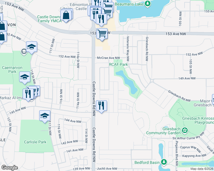 map of restaurants, bars, coffee shops, grocery stores, and more near 7447 Colonel Mewburn Road Northwest in Edmonton