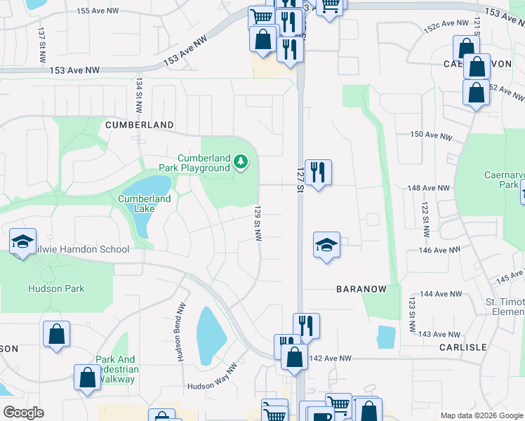map of restaurants, bars, coffee shops, grocery stores, and more near 14715 129 Street Northwest in Edmonton