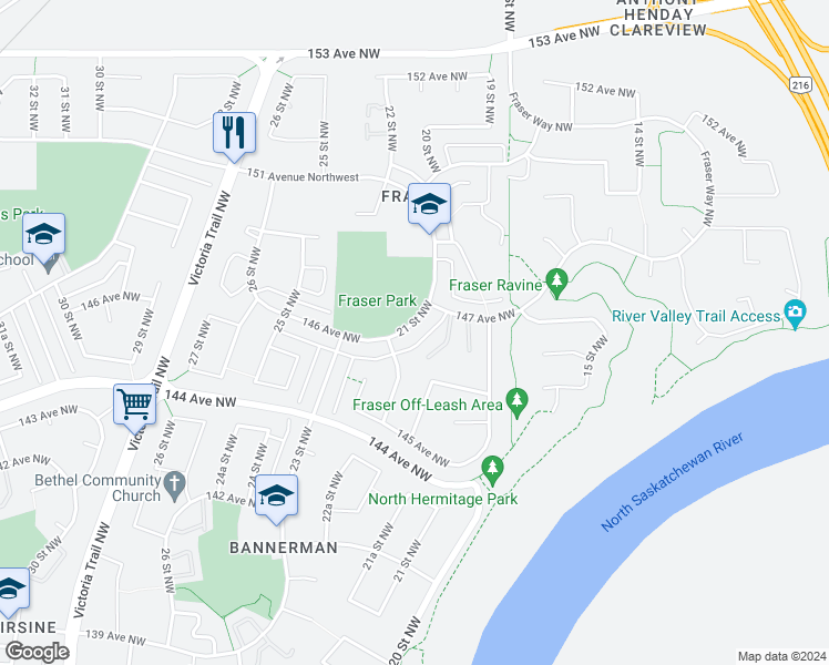 map of restaurants, bars, coffee shops, grocery stores, and more near 14615 21 Street Northwest in Edmonton