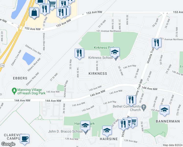 map of restaurants, bars, coffee shops, grocery stores, and more near 14703 33 Street Northwest in Edmonton