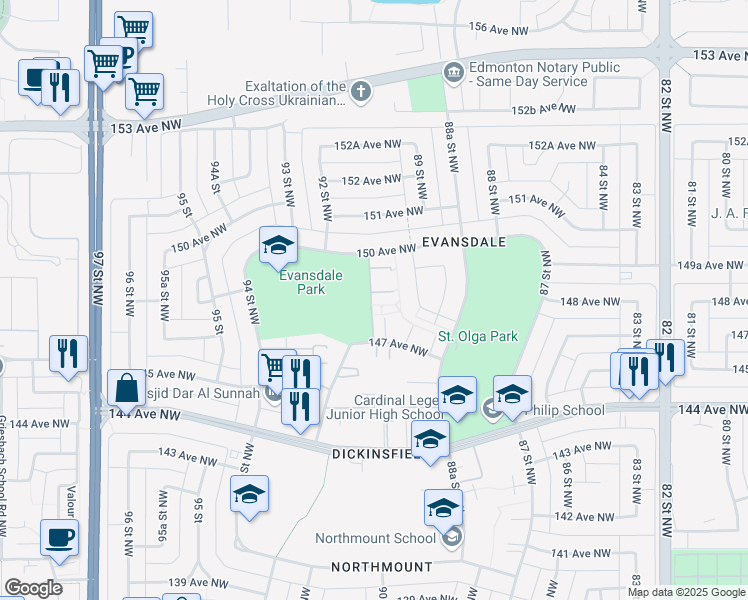 map of restaurants, bars, coffee shops, grocery stores, and more near 231 Dickinsfield Court Northwest in Edmonton