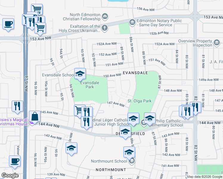 map of restaurants, bars, coffee shops, grocery stores, and more near Dickinsfield Court Northwest in Edmonton