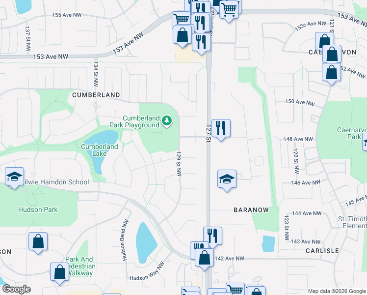 map of restaurants, bars, coffee shops, grocery stores, and more near 14715 129 Street Northwest in Edmonton