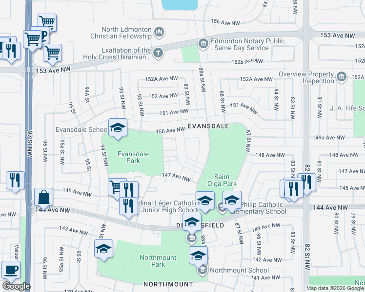 map of restaurants, bars, coffee shops, grocery stores, and more near 14903 89A Street Northwest in Edmonton