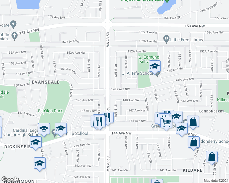 map of restaurants, bars, coffee shops, grocery stores, and more near 8027 149A Avenue Northwest in Edmonton