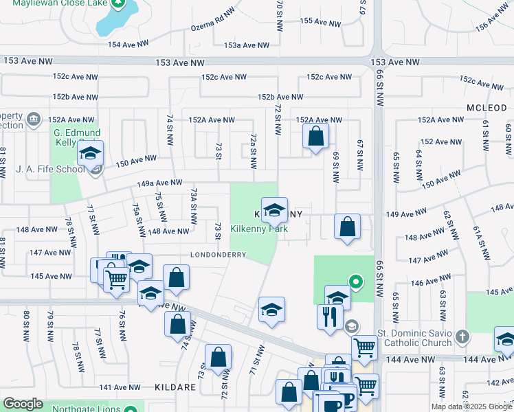 map of restaurants, bars, coffee shops, grocery stores, and more near 14910 72 Street Northwest in Edmonton