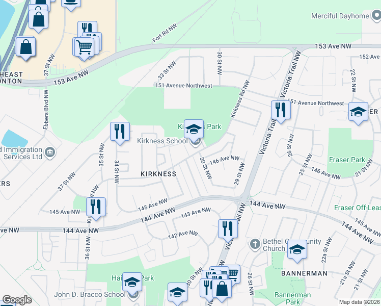map of restaurants, bars, coffee shops, grocery stores, and more near 14612 31 Street Northwest in Edmonton