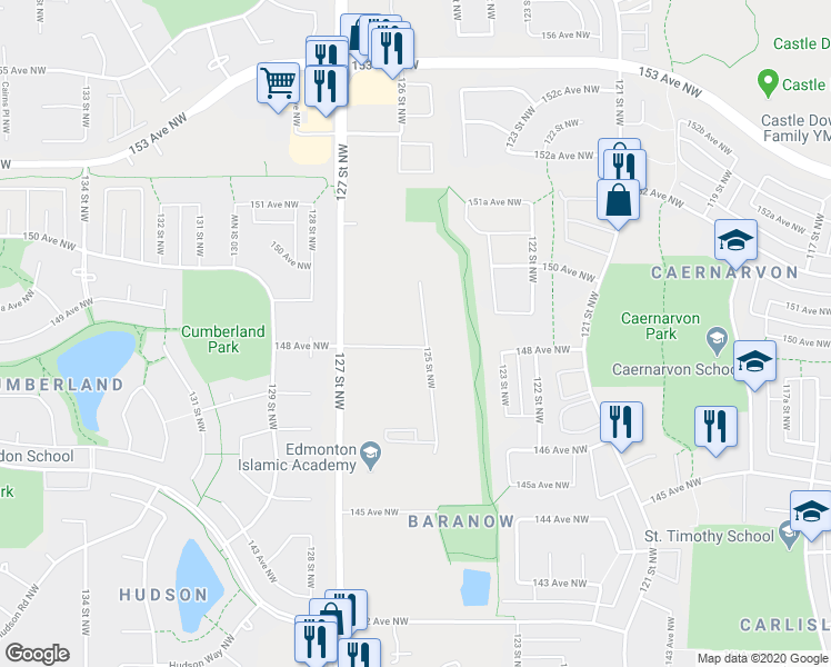 map of restaurants, bars, coffee shops, grocery stores, and more near 14808 125 Street Northwest in Edmonton