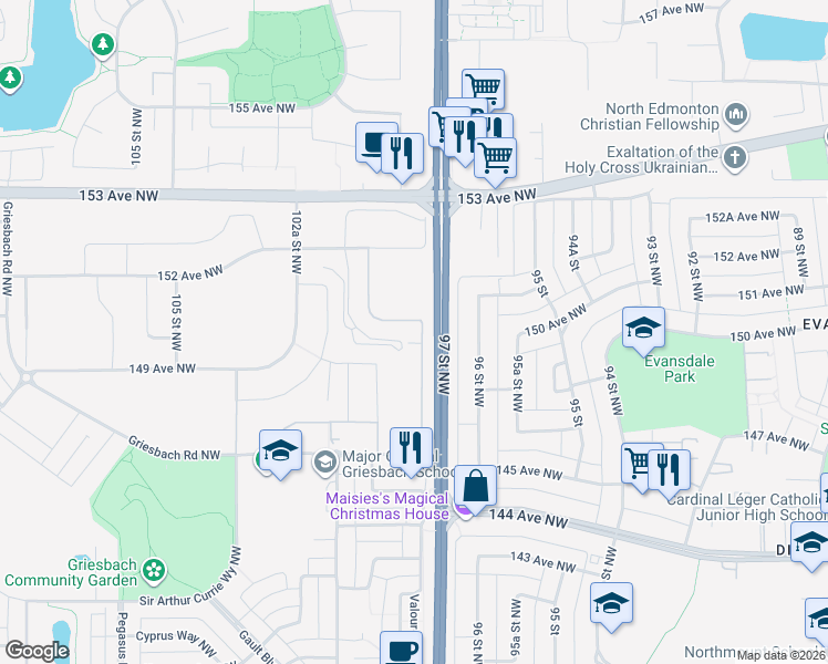 map of restaurants, bars, coffee shops, grocery stores, and more near 14910 97A Street Northwest in Edmonton