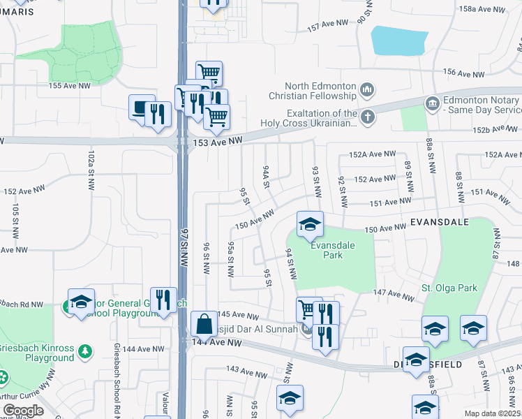 map of restaurants, bars, coffee shops, grocery stores, and more near 9432 150 Avenue Northwest in Edmonton